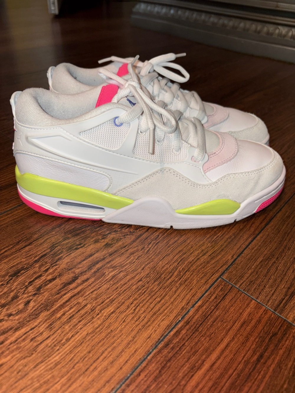 Air Jordan Women's White Sneakers with Neon Yellow and Pink Accents